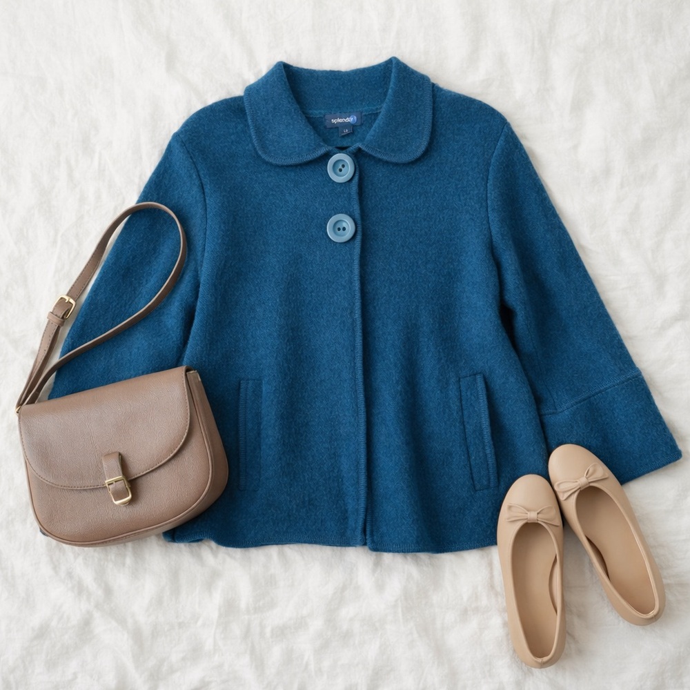 Splendor 100% Wool Teal Swing Coat Jacket Size Large Peter Pan Collar A-Line